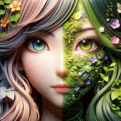 The primary subject of the image is a painting or digital artwork of a woman with two different colored faces. One face is pink, and the other is green. The setting is a garden, with the woman surrounded by various flowers. The visual style is a combination of photo and digital art, creating a unique and intriguing image. The colors and mood of the painting are vibrant and lively, with the pink and green faces standing out against the backdrop of the garden.